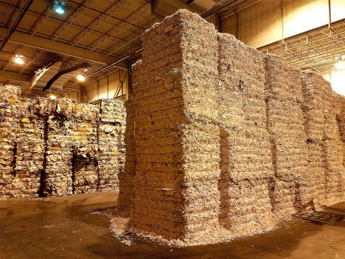 Recycled paper is baled and ready to be shipped from First Star Recycling to a customer.