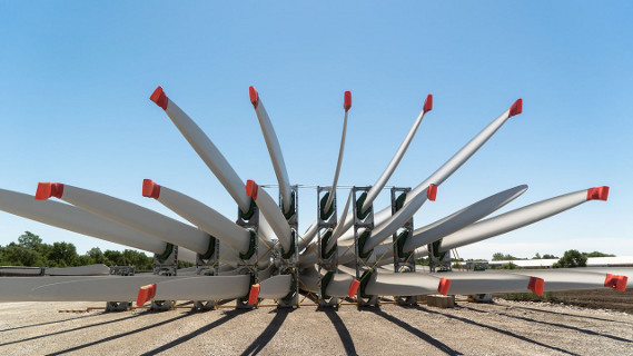  54-meter blades stored at Loup’s Iowa Wind Distribution Centers.