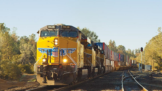 Union Pacific train hauling intermodal containers