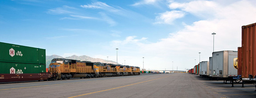 A Union Pacific intermodal facility with containers and trailers.